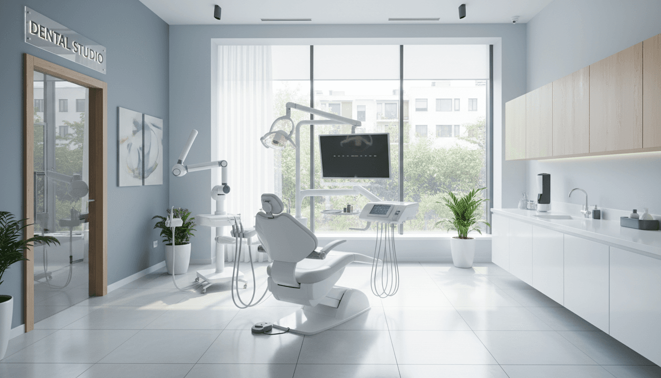 Modern dental practice interior with treatment chair